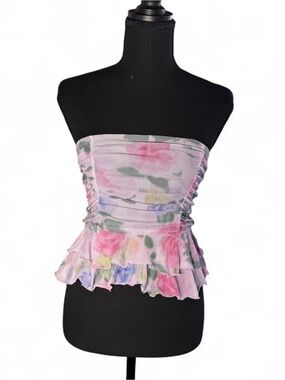 Frankee & Skylarr lilac Floral Mesh Ruched Tube Top Strapless Peplum XS NEW
